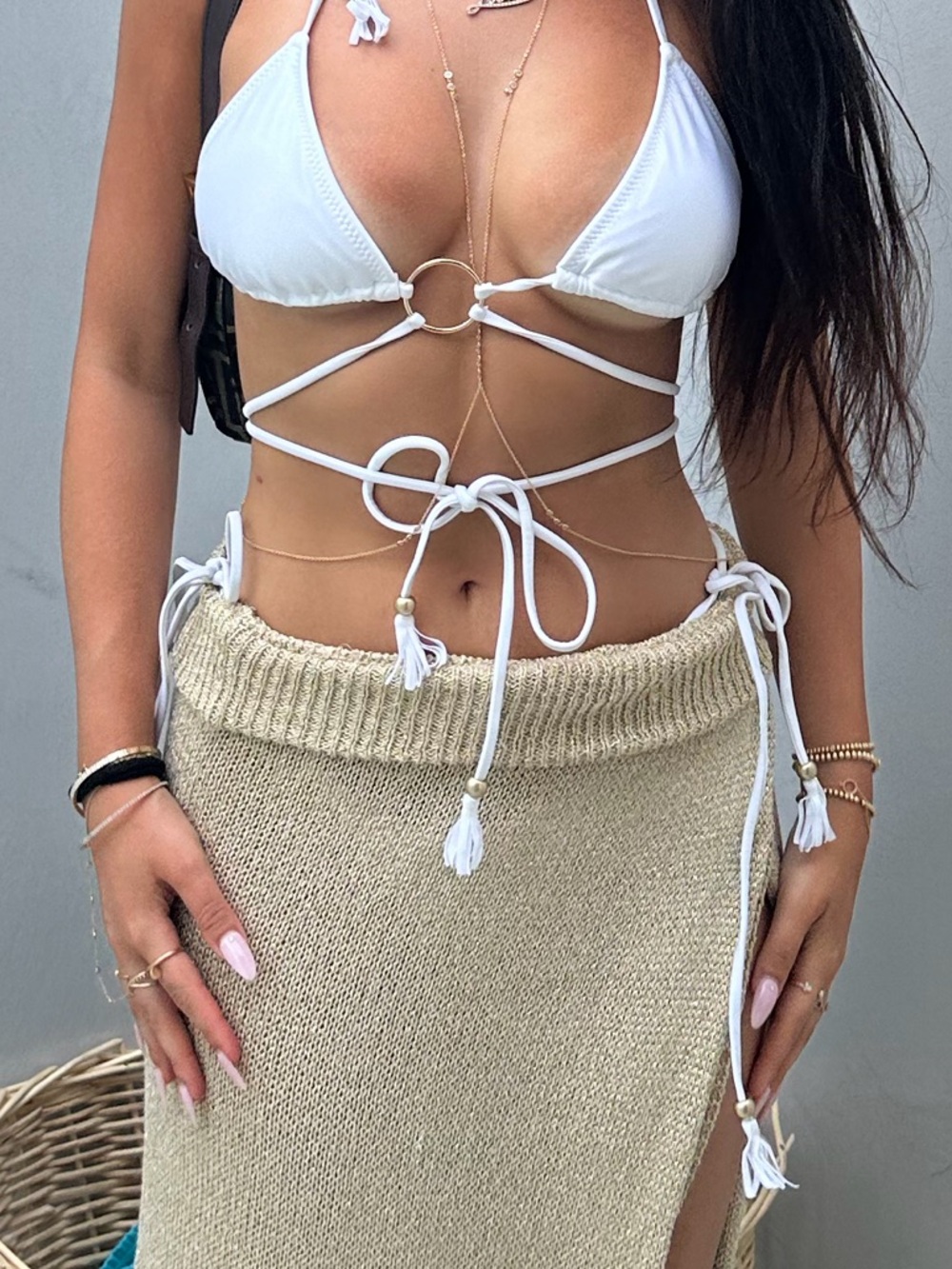 White Strappy Ring-Detail Triangle Bikini Top - Women